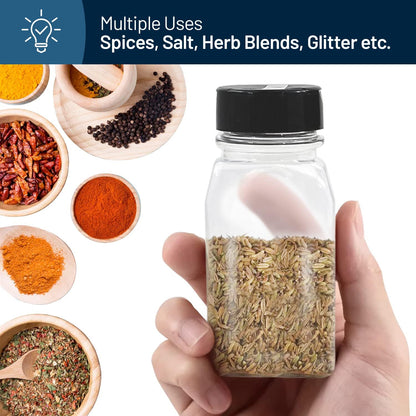 RoyalHouse 9.5 Oz Plastic Spice Jars with Black Cap, Clear and Safe Plastic Bottle Containers with Shaker Lids for Storing Spice, Herbs and Seasoning Powders, BPA Free, Made in USA