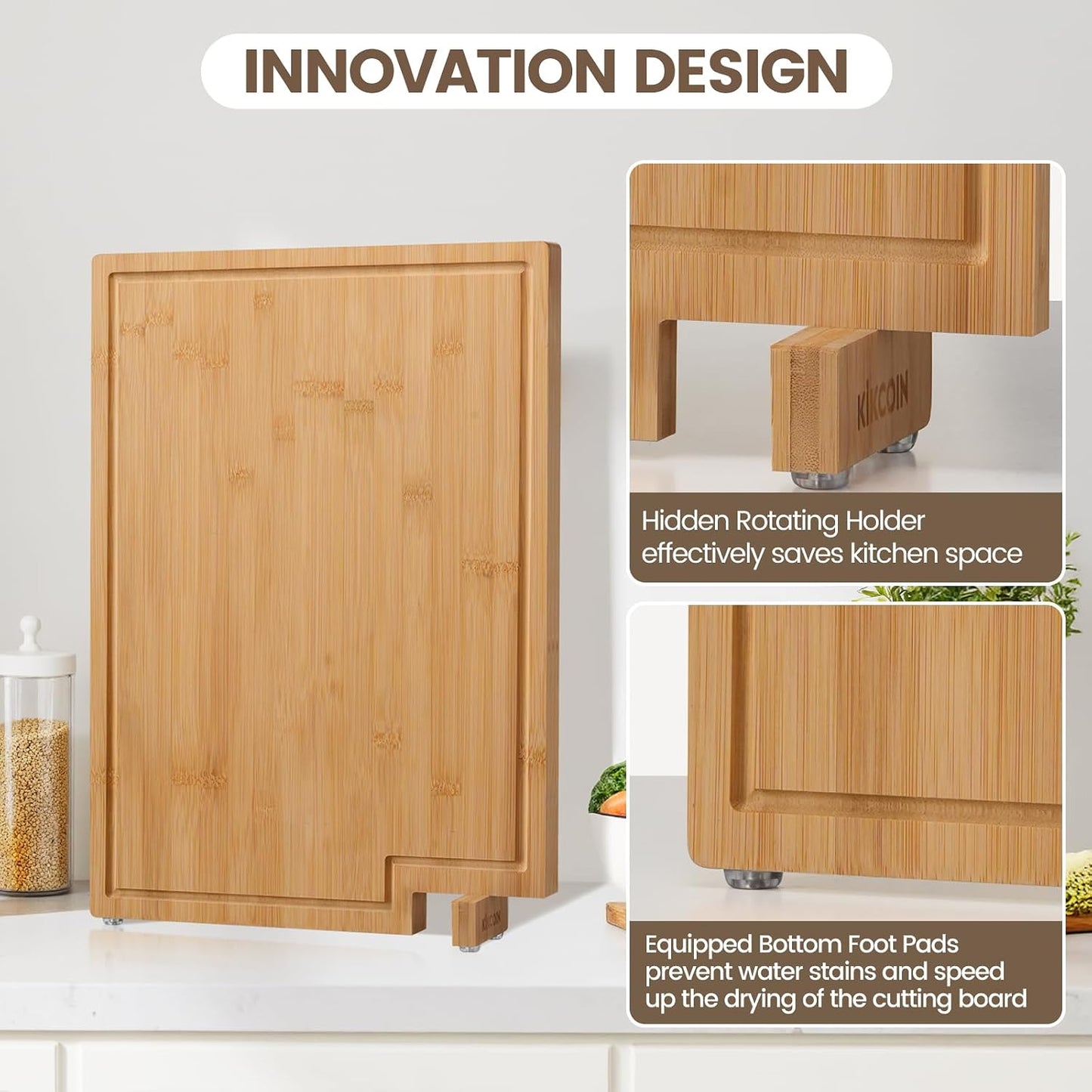 Kikcoin Bamboo Cutting Boards for Kitchen Set of 3, Extra Large Wood Cutting Board with Rotating Kickstand & Juice Groove, Wooden Chopping Board for Meats Veges Fruits, Heavy Duty Serving Tray