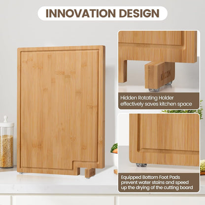 Kikcoin Bamboo Cutting Boards for Kitchen Set of 3, Extra Large Wood Cutting Board with Rotating Kickstand & Juice Groove, Wooden Chopping Board for Meats Veges Fruits, Heavy Duty Serving Tray