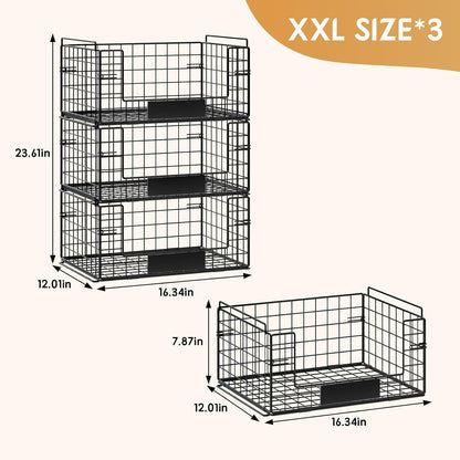 JKsmart 3 Pack XXL Stackable Wire Baskets with Handles for Pantry Storage and Organization, Fruit and Vegetable Basket with Name Plates, Metal Storage Bins for Snack Can Fruit Veggies, XXL