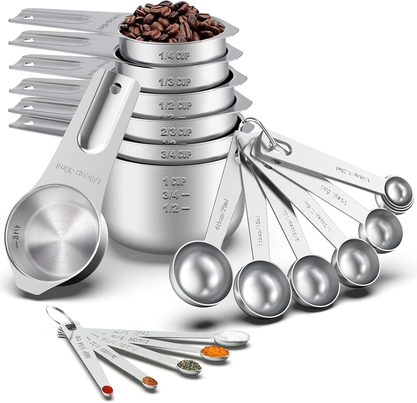 21 Pcs Stainless Steel Measuring Cups and Spoons Set, Wildone Stackable Metal Measuring Cups and Spoons for Cooking & Baking, Includes 7 Cups, 9 Spoons and 5 Mini Spoons（Black）