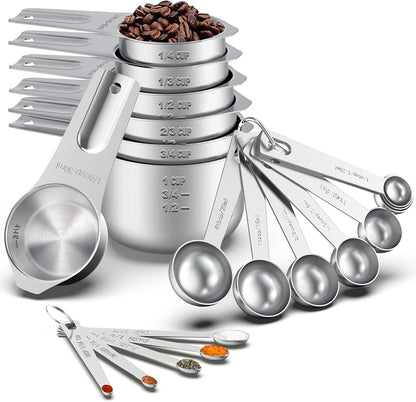 21 Pcs Stainless Steel Measuring Cups and Spoons Set, Wildone Stackable Metal Measuring Cups and Spoons for Cooking & Baking, Includes 7 Cups, 9 Spoons and 5 Mini Spoons（Black）