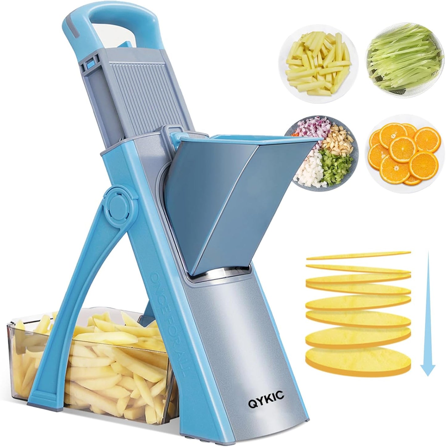 8 in 1 Mandoline Slicer for Kitchen, Vegetable Chopper, Potato Slicer, Fry Cutter Onion Chopper with Drain Basket Food Container with Lid, Stainless Steel Cheese Grater for Quick Meal Pre (Black)