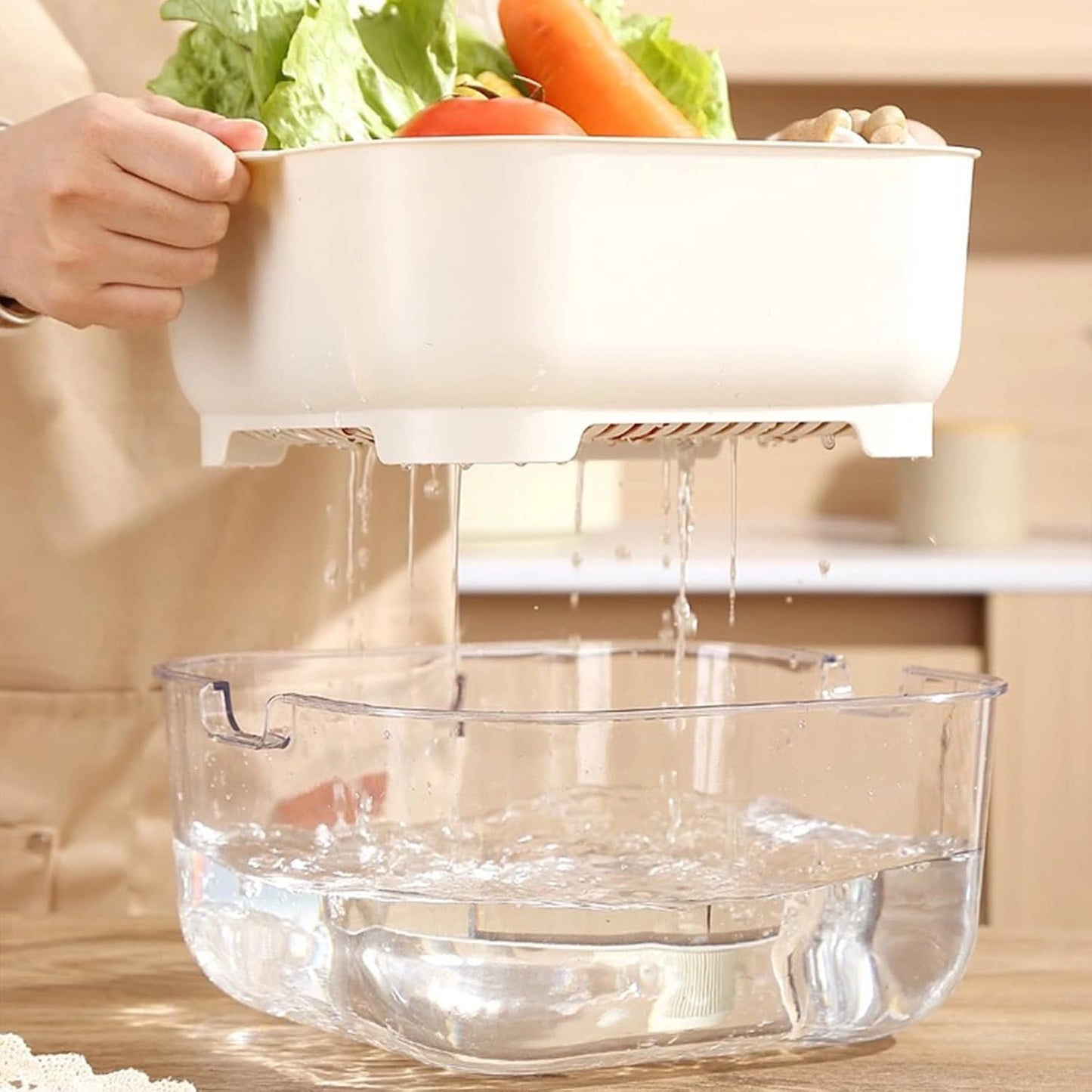 3 Pcs Set Double-Layer Plastic Colander, Large Capacity Food Strainers, Fruits Vegetable Washing Draining Basket, Detachable and Stackable Multi-Layer Strainer Bowl, Easy to Clean for Kitchen (Brown)
