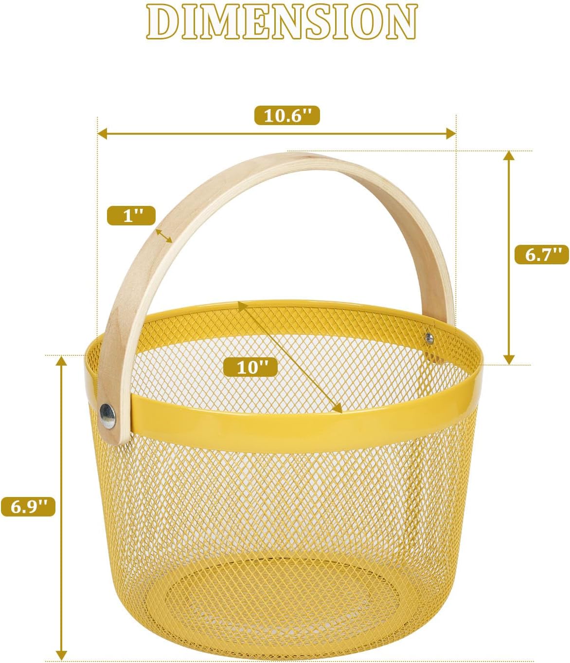 IBWell Bucket-Shape Metal Wire Woven Fruit Storage Bowl Basket with Wooden Handle, Large Black Mesh Fruit Stand, Multi-function Hanging Kitchen Baskets (Blue Grey)