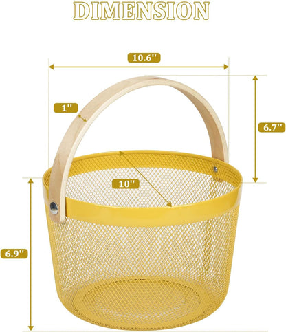 IBWell Bucket-Shape Metal Wire Woven Fruit Storage Bowl Basket with Wooden Handle, Large Black Mesh Fruit Stand, Multi-function Hanging Kitchen Baskets (Blue Grey)