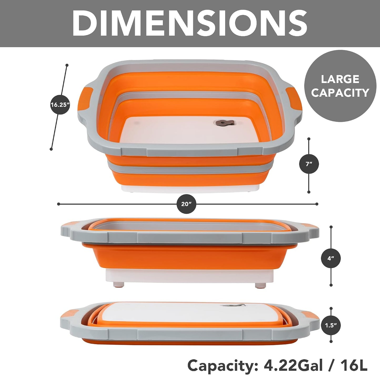 Collapsible Cutting Board(2.11 Gal/8L), BBQ Prep Tub with Locking Lid, Foldable Camping Sink with Colander, Multifunction Dish Basin for Kitchen, Bowl, Vegetable and Fruit, Storage Basket for Picnic