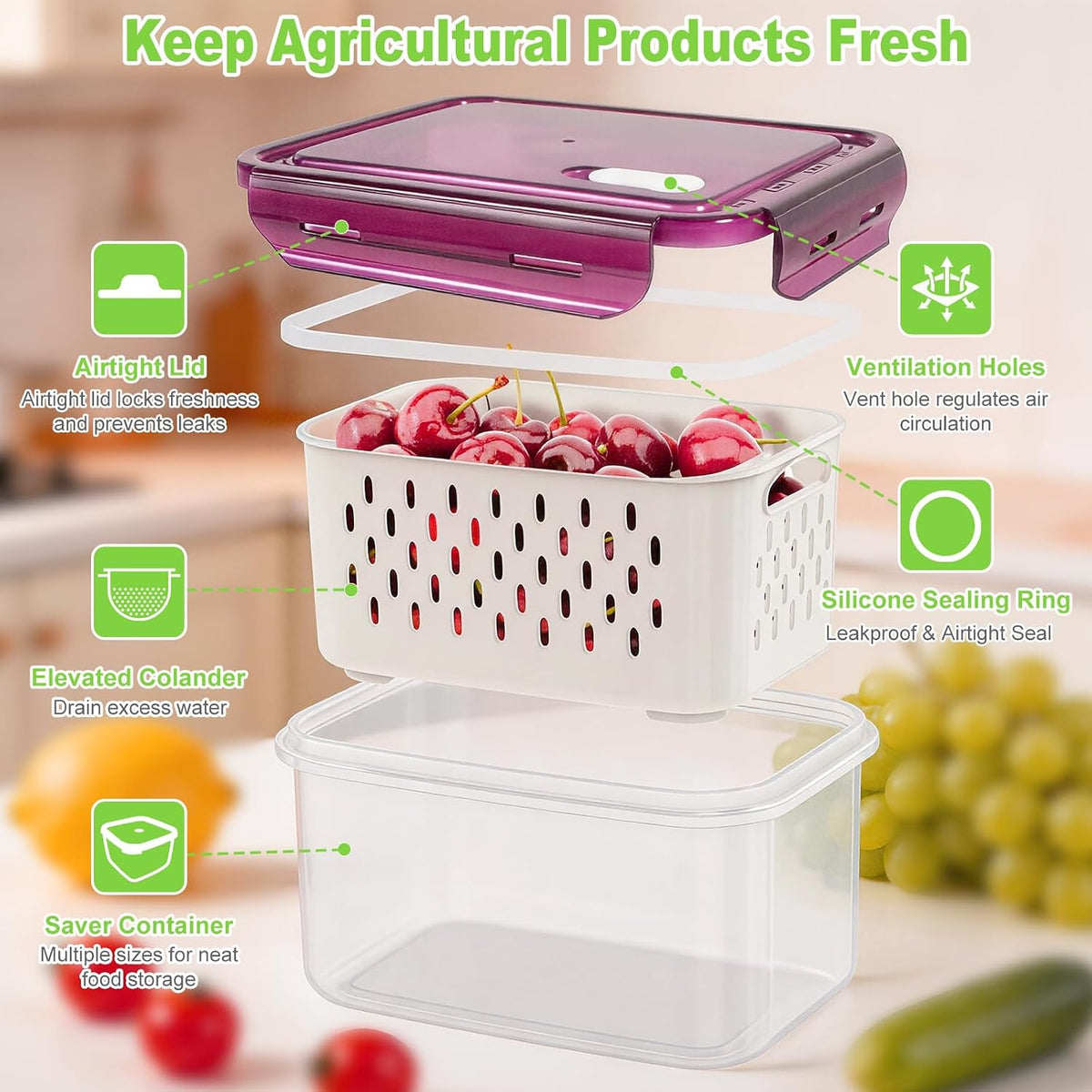 12 Pieces Fruit Storage Containers For Fridge with Removable Colanders