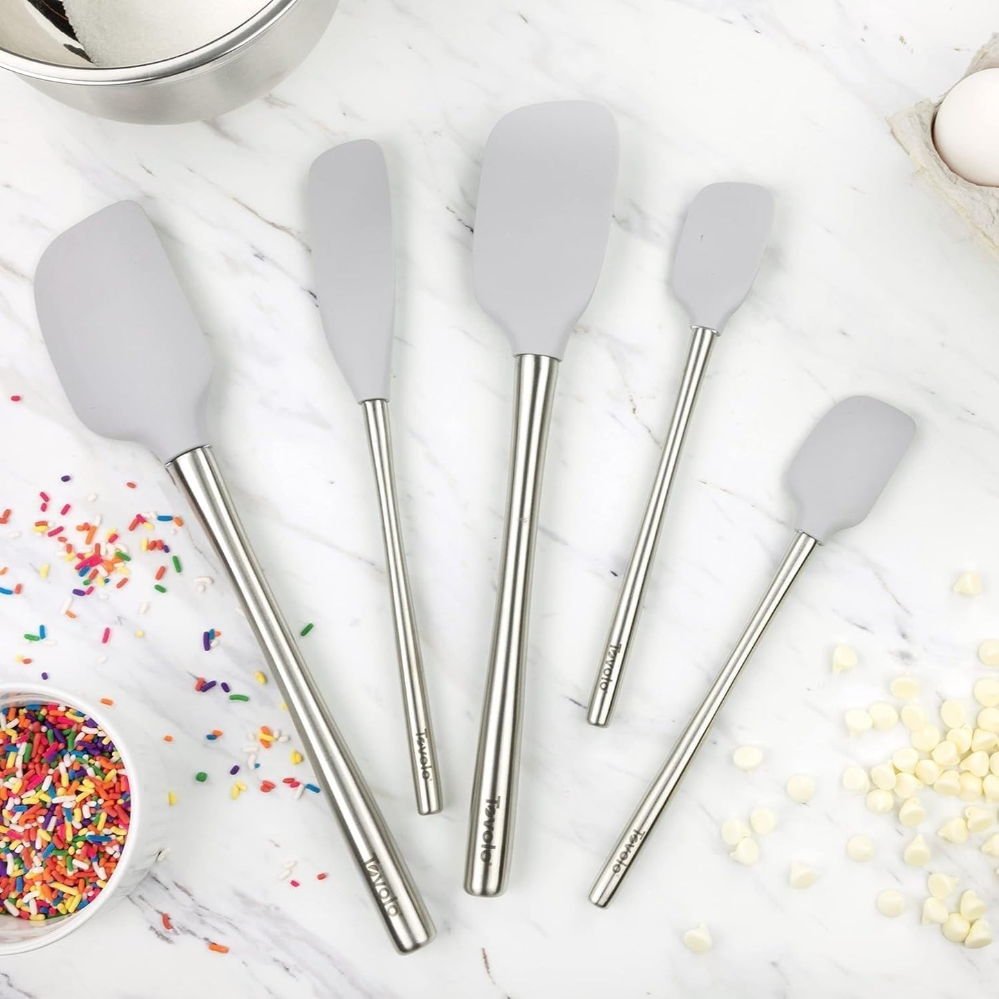 Tovolo Flex Core 5 Piece Silicone Spatula Set Heat Resistant All Silicone Utensils Include Non Stick Spatula Spoonula Jar Scraper, Dishwasher Safe BPA Free Spatulas for Baking Mixing, White