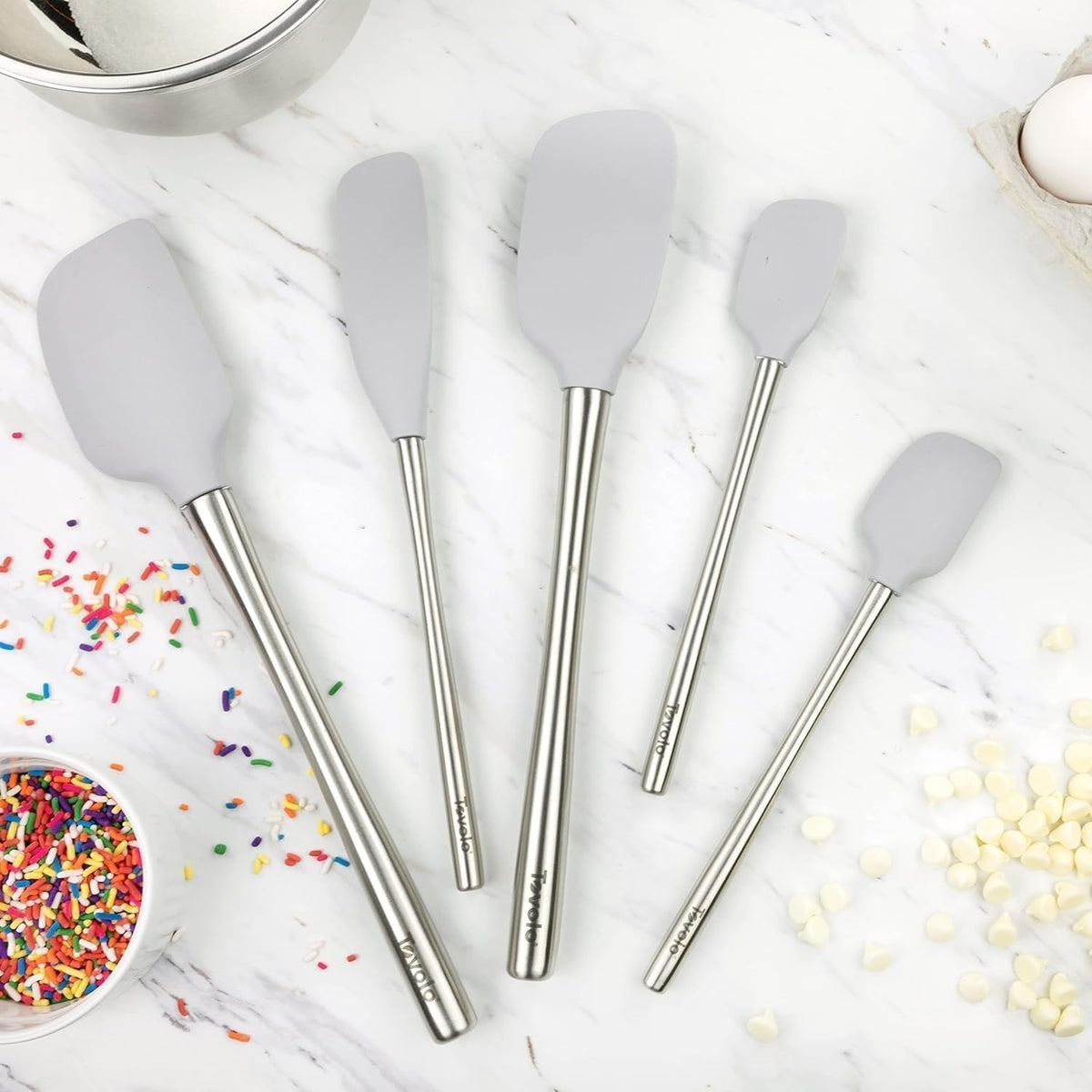 Tovolo Flex Core 5 Piece Silicone Spatula Set Heat Resistant All Silicone Utensils Include Non Stick Spatula Spoonula Jar Scraper, Dishwasher Safe BPA Free Spatulas for Baking Mixing, White