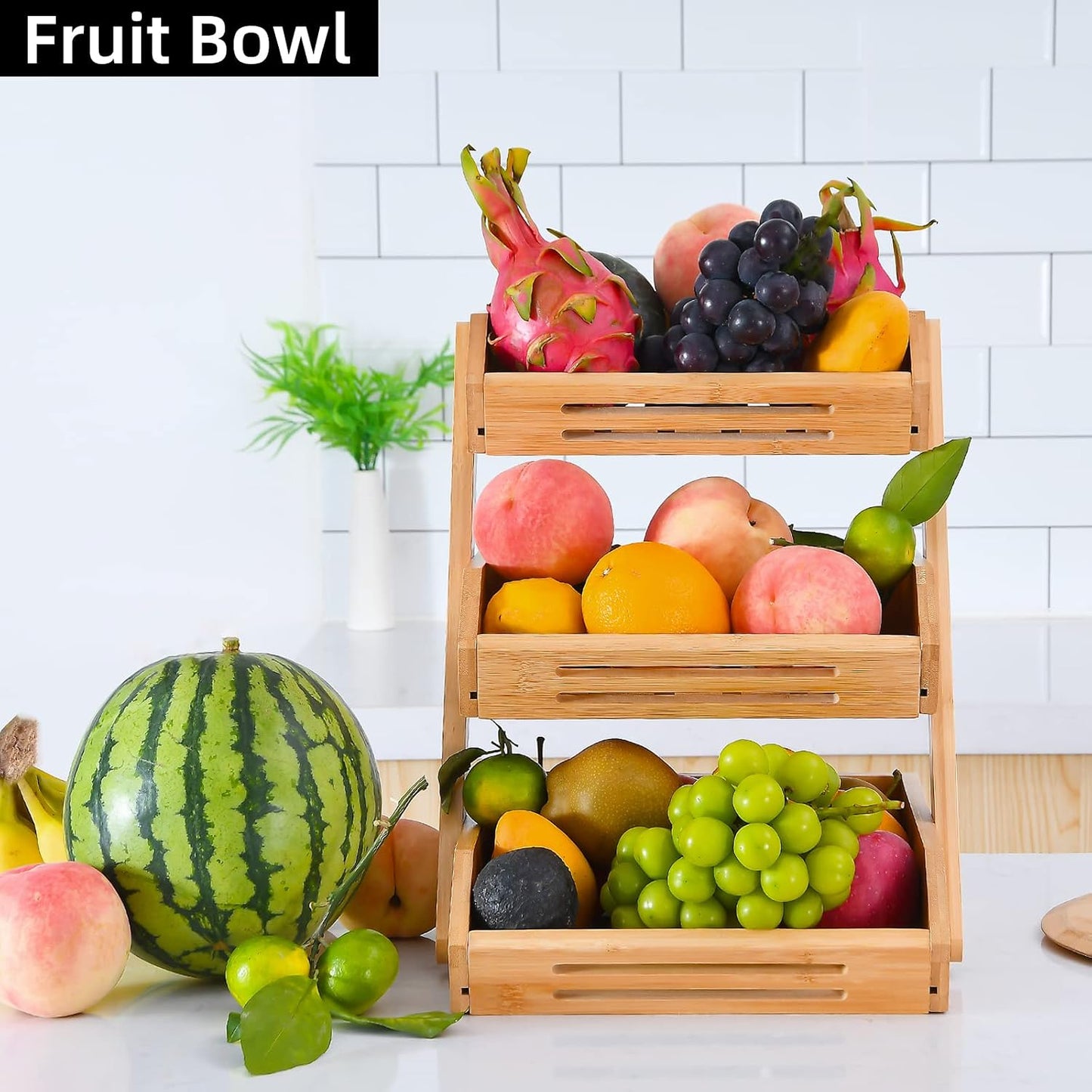 VIKEYHOME Fruit Basket, 2 Tier Bamboo Fruit Basket for Kitchen, 11" Tall Fruit Stand Storage Holder, Heavy Duty/Large Capacity for Vegetables, Fruit, and Snack, 15 mm Thickness (Self-assembly)