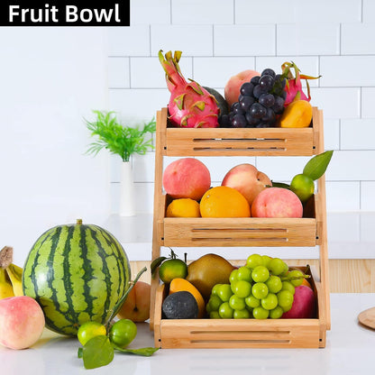 VIKEYHOME Fruit Basket, 2 Tier Bamboo Fruit Basket for Kitchen, 11" Tall Fruit Stand Storage Holder, Heavy Duty/Large Capacity for Vegetables, Fruit, and Snack, 15 mm Thickness (Self-assembly)