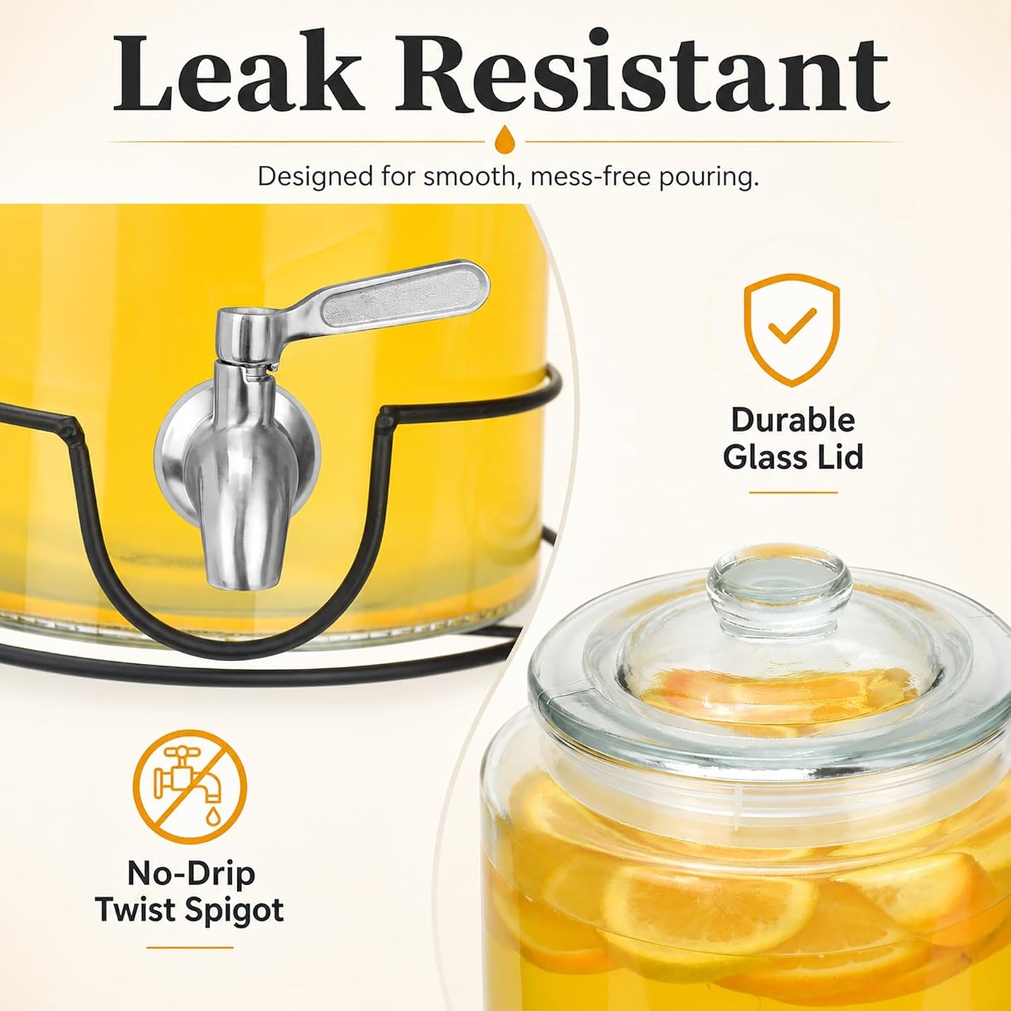 1 Gallon Beverage Dispenser 1 Pack, Stainless Steel Spigot Drink Dispenser for Parties with Stand, Clear Glass Drink Container Easy to Refill and Clean