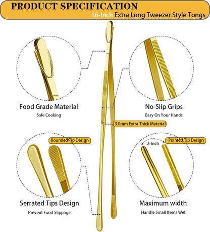 JETKONG 2 Pcs 12-Inch Kitchen Tweezers Fine Tweezer Tongs, Extra-Long Stainless Steel Cooking Tweezers (Silver)