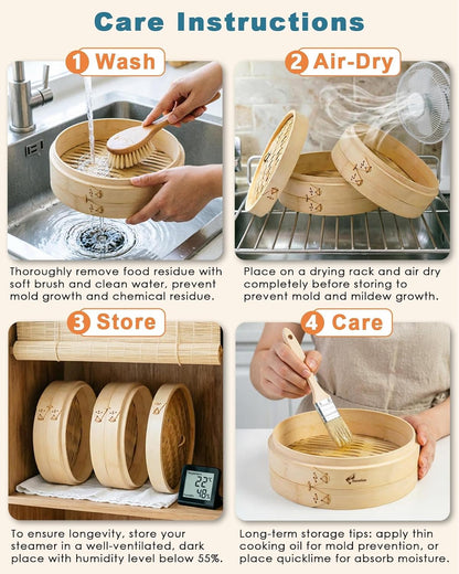 Deep Bamboo Steamer Basket Set 10 Inch 2-Tier Dumpling Steamer for Cooking