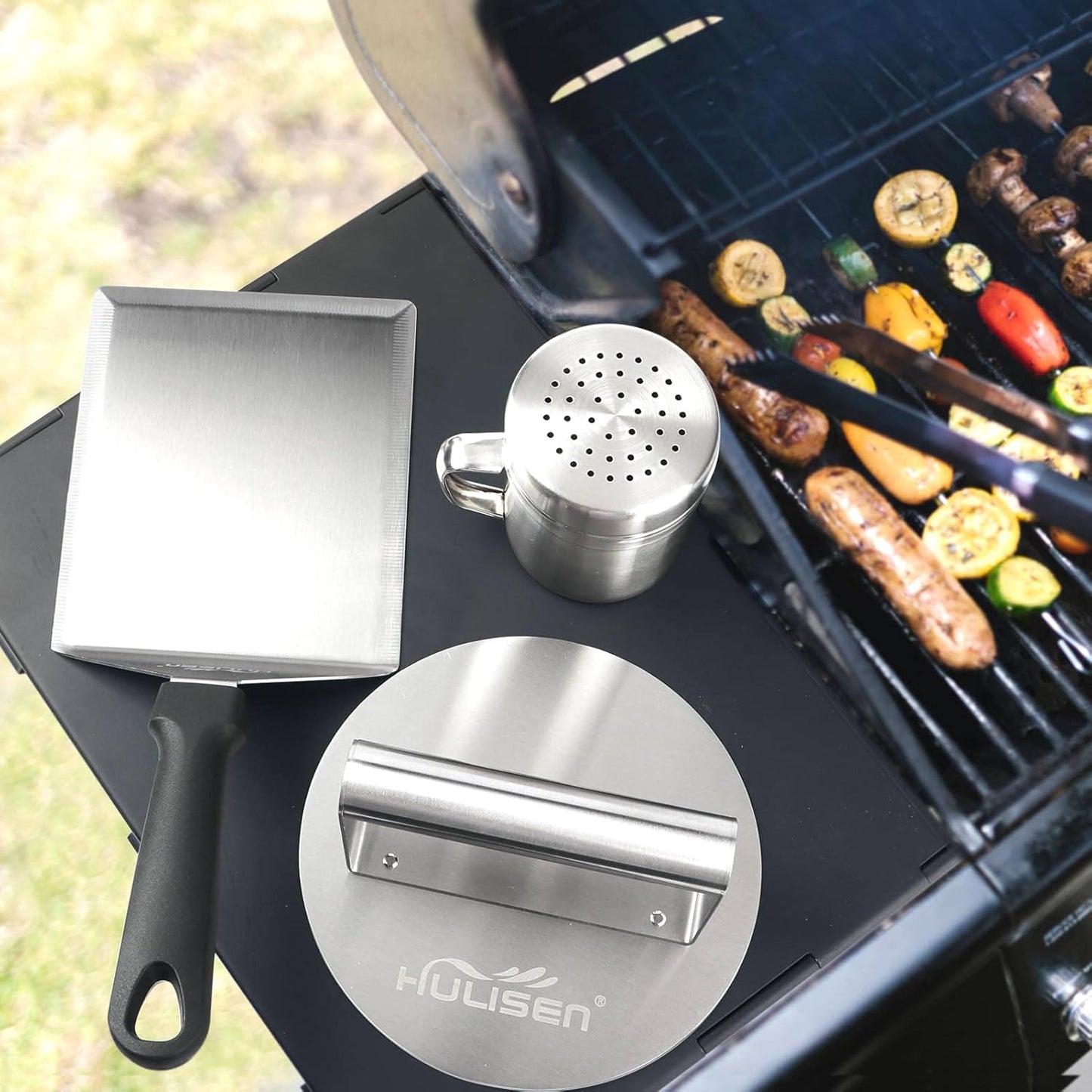 HULISEN Cheese Melting Dome & Smashed Burger Press, 6.2" Grill Press with 9" Basting Cover, Stainless Steel Burger Smasher, Griddle Accessories Kit for Flat Top Grill Cooking Indoor/Outdoor