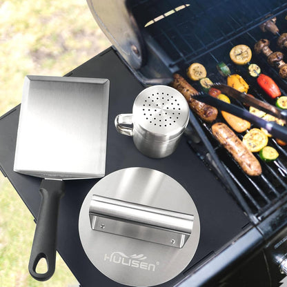 HULISEN Cheese Melting Dome & Smashed Burger Press, 6.2" Grill Press with 9" Basting Cover, Stainless Steel Burger Smasher, Griddle Accessories Kit for Flat Top Grill Cooking Indoor/Outdoor