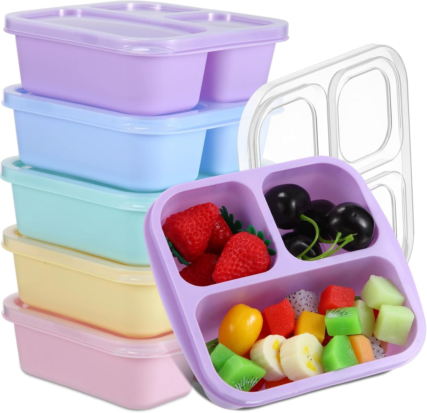 Honeydak 5 Pack Snack Containers 3 Compartment Bento Snack Boxes Divided Meal Prep Containers with Lids Reusable Adults Lunch Food Storage Box for School Work Travel(Elderberry)