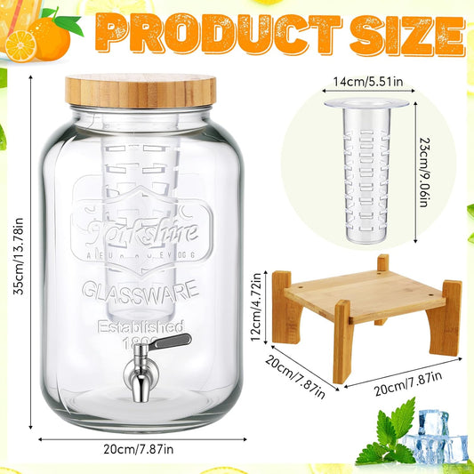 Honeydak 2 Pack 2.6 Gallon Glass Drink Dispenser for Parties, Large Beverage Dispensers with Wooden Stand, Lid & Stainless Steel Spigot, Leakproof Lemonade Dispenser for Weddings, Bar, Juice, Iced Tea