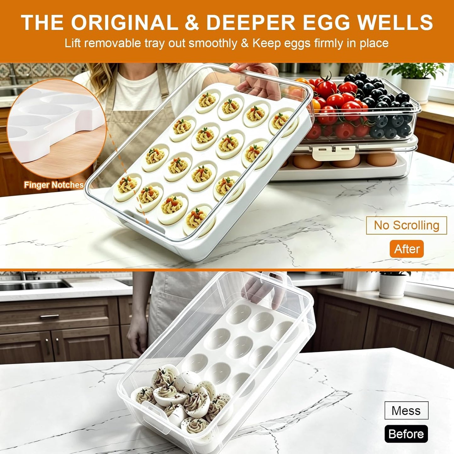 Original Deviled Egg Carrier Storage Container With Lid & Handle (White) | Removable Deviled Egg Platter, 16 Extra-Deep Egg Wells, BPA-Free Thick Plastic, Portable Tray for Easter Potluck Party Picnic