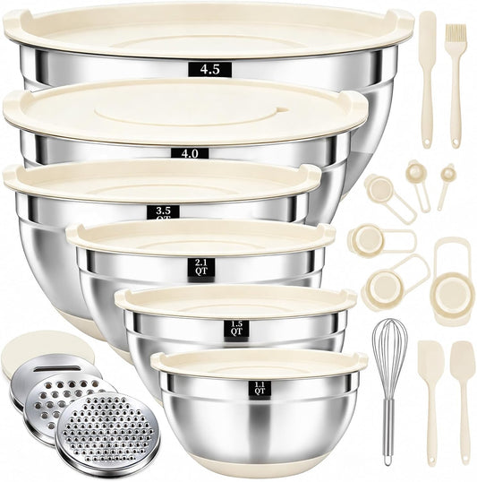 21 PCS Khaki Mixing Bowls with Lids Set, Size 4.5, 4, 3.5, 2.1, 1.5, 1.1 Quarts for Baking and Mixing, Stainless Steel Bowls with Non-Slip Base and Grater Attachments