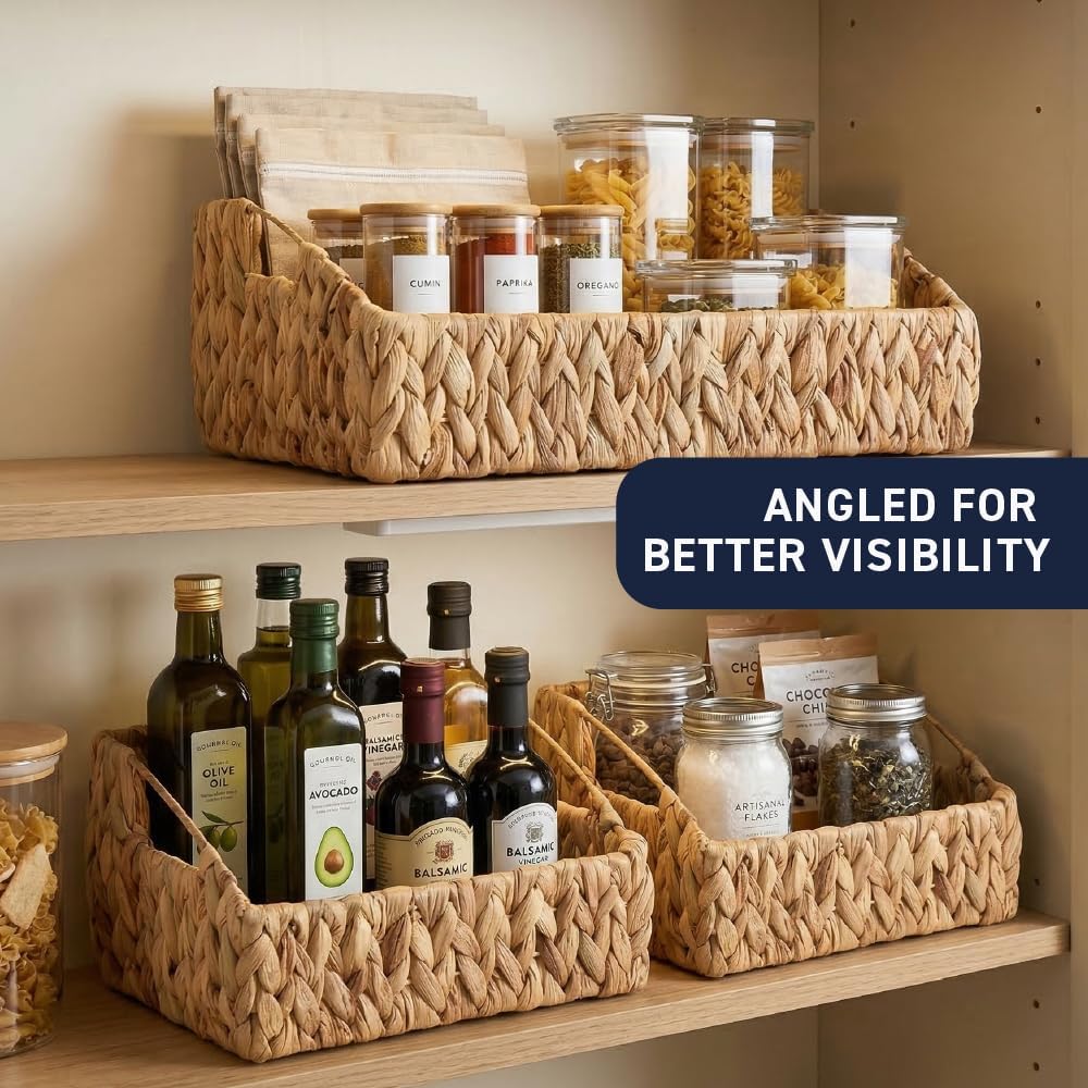 Ornavo Home 3-Pack Water Hyacinth Storage Baskets with Handles, Natural | Handwoven Decorative Natural Organizer For Shelves, Pantry, Closet Or Living Room