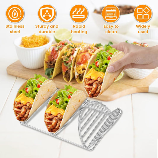 Stainless Steel Taco Holder Stand Set of 2, Taco Trays, Taco Stands for 3 Tacos, Oven Safe for Baking, Dishwa sher and Grill Safe, Taco Bar Serving Set for a Party