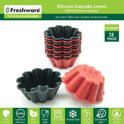 Freshware Cupcake Liners, Pack of 12 Silicone Muffin Cups, 3 Inch Baking Cups, Reusable & Non-stick Cupcake Liners for Party Halloween Christmas, Flower
