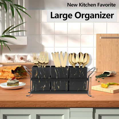 NelyBet Utensil Holder Silverware Caddy for Party Countertop, 3pcs Bins Set Silverware Caddy Organizer Holders for Spoon and Fork, White and Black