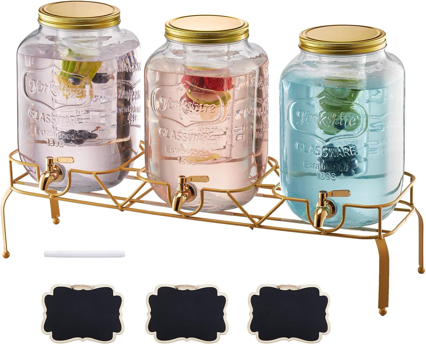 VEVOR Beverage Dispenser, 3 Pack 2 Gallon Drink Dispensers for Parties, Glass Juice Dispenser with Metal Stand, Stainless Steel Spigot, Infuser, Iced Tea Lemonade Juice Water Dispensers for Parties