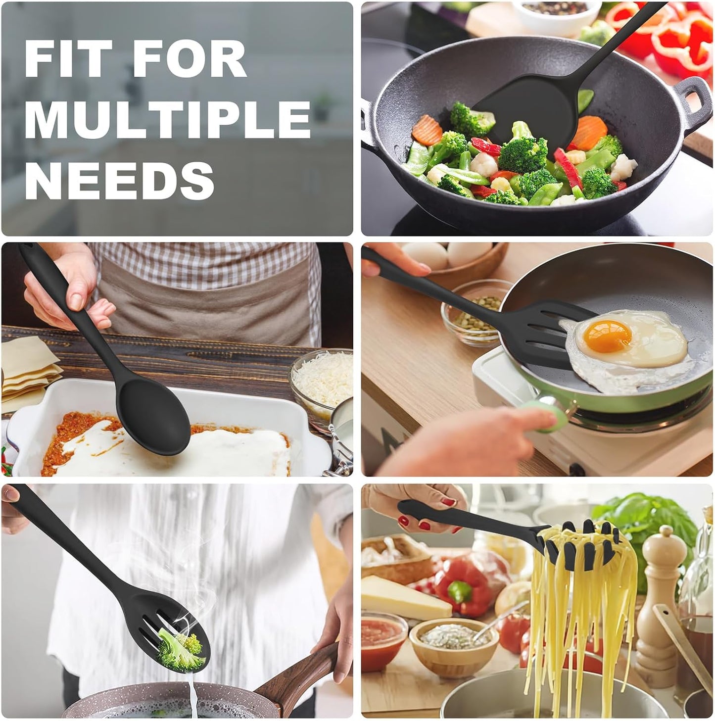 TeamFar Silicone Cooking Utensils Set, 5-Piece Heat Resistant Kitchen Utensils Set, Nonstick Slotted Solid Spoon Turner Pasta Server for Frying, Serving, Mixing, Non-Toxic & Dishwasher Safe, Black