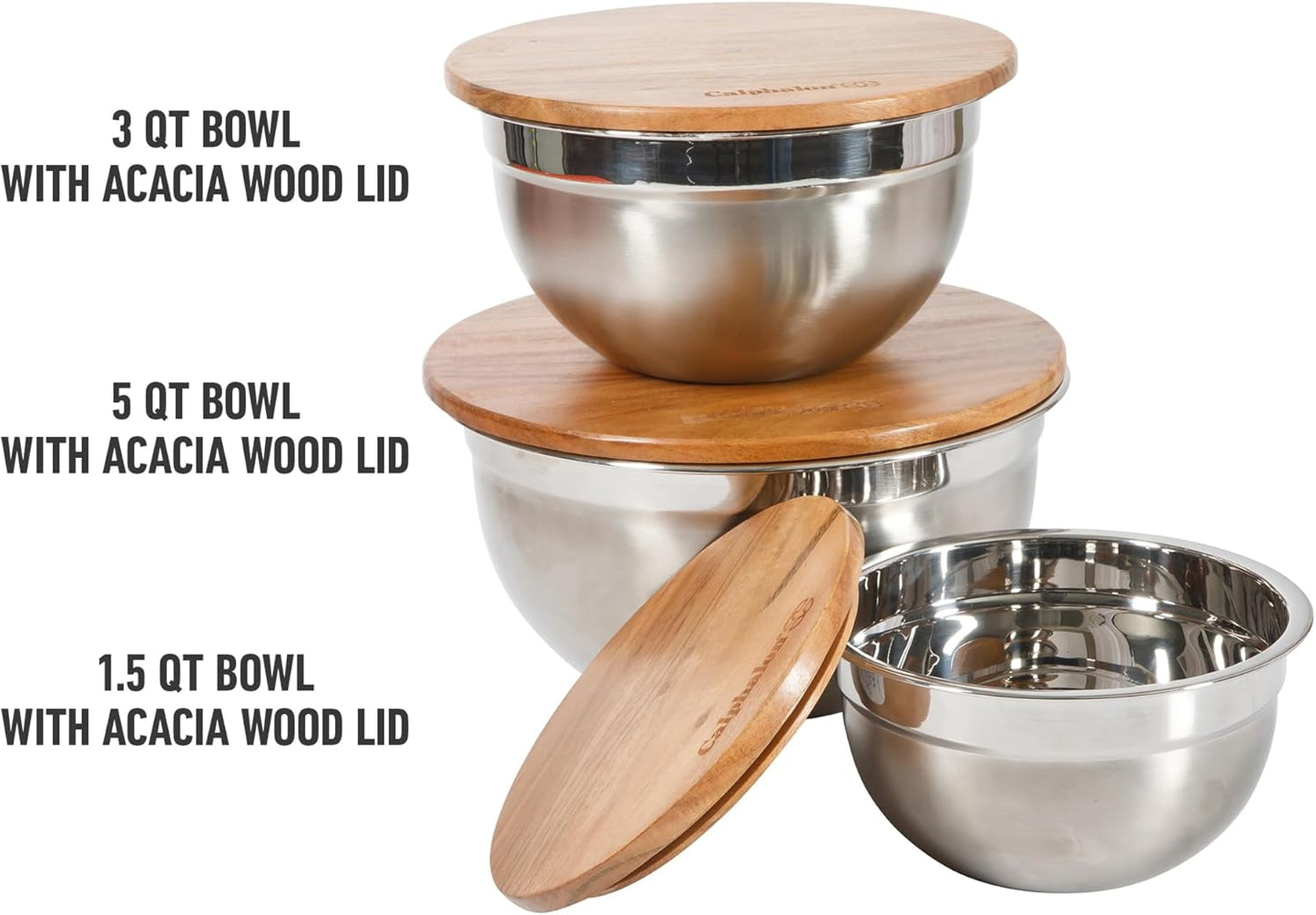 Calphalon Mixing Bowl Set, Stainless Steel Mixing Bowls With Lids, 3-Piece Stainless Steel Mixing Bowls with Glass Lids & Non-Slip Silicone Base, Prep and Storage Bowls Dishwasher Safe
