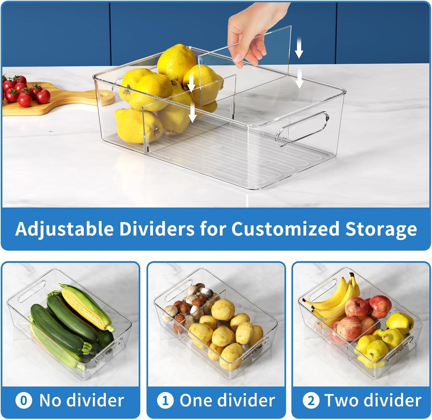 Mpotmiy 6 Pack Pantry Organizers and Storage,Clear Plastic Containers with 2 Dividers for Kitchen,Fridge Organization and Storage,Acrylic Bins for Pounches,Spice Packet,Snack organzier