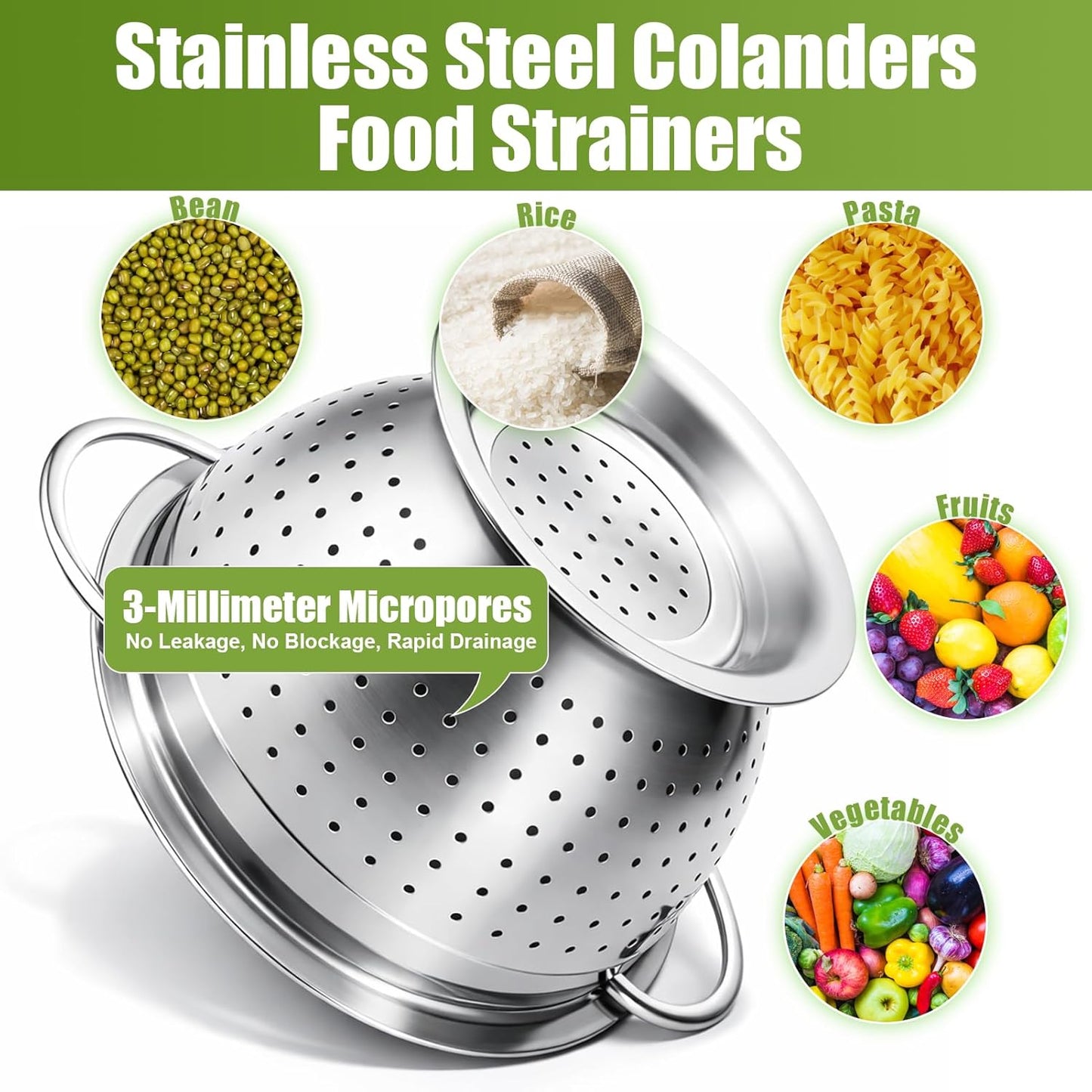 Palksky Stainless Steel Colander Set with Self-Draining Base, 3 Sizes Colanders & Food Strainers for Pasta, Rice, Fruits & Veggies, Metal Colander with Draining Plate for Sink or Countertop
