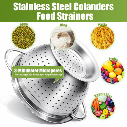 Palksky Stainless Steel Colander Set with Self-Draining Base, 3 Sizes Colanders & Food Strainers for Pasta, Rice, Fruits & Veggies, Metal Colander with Draining Plate for Sink or Countertop