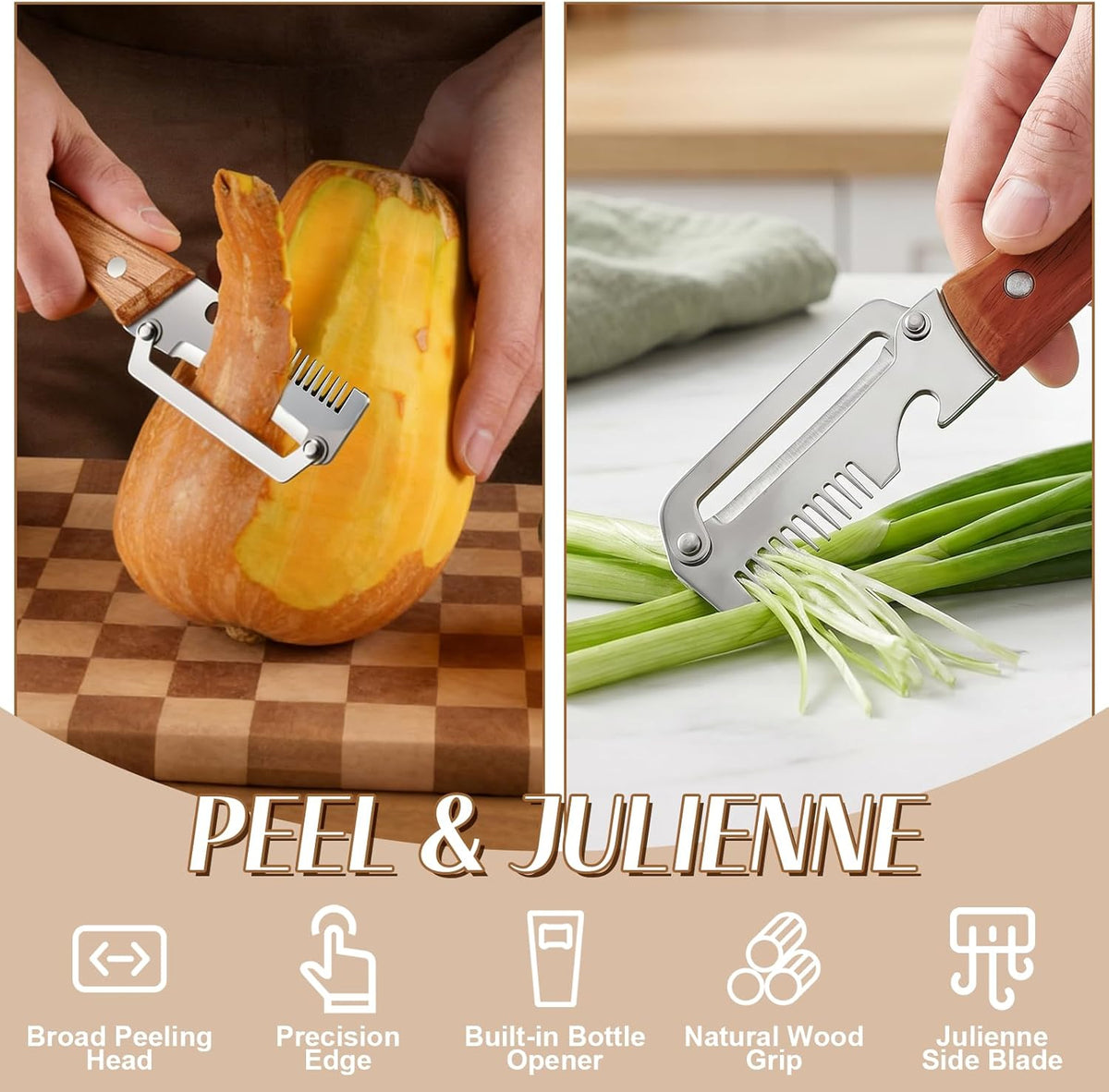 2026 Upgrade Vegetable Peeler With Wooden Handle, Stainless Steel Wide Blade Potato and Carrot Peeler, 3-in-1 Veggie Peeler With Scallion Shredder and Bottle Opener for Kitchen, Camping and Trave