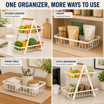 mahueeol 2-Tier Metal Fruit Basket for Kitchen Counter with Wooden Handle | Detachable rectangular baskets hold fruits, vegetables, bread and snacks; use stacked or separately in kitchens and pantries