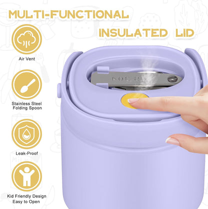 2 - in - 1 Soup Thermo for Hot Food 14oz with Snack Box Container Leak Proof Insulated Lunch Container Kids and Adults Stainless Steel Double Wall Vacuum Wide-mouth Thermal with Spoon and Handle