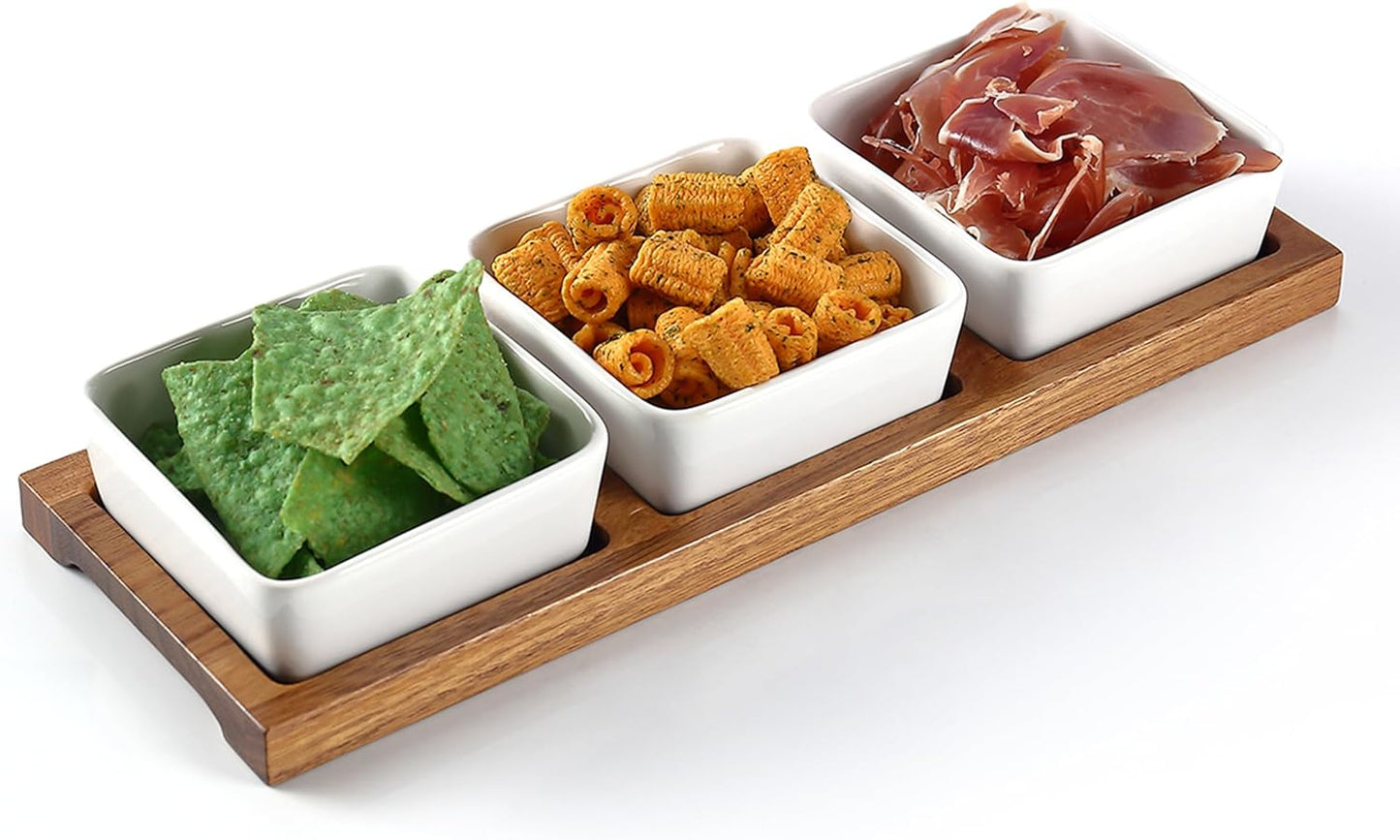 3 Pack Chip & Dip Serving Set with Wooden Tray, Oven Safe Bowls for Parties, Hosting Gifts, Cranberry/Soy Sauce Dish & Entertaining Essentials