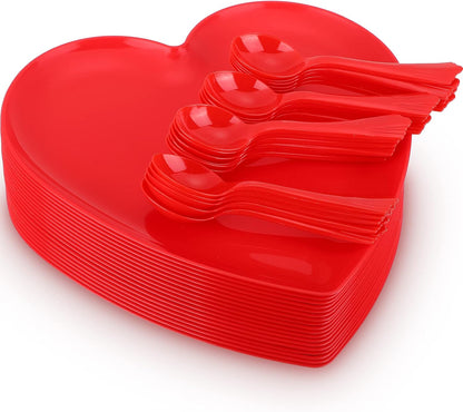 Layhit 38 Pieces Valentines Heart Shaped Plates Spoon Set Include 18 Pcs 10 Inch Valentines Day Heart Shaped Food Tray 20 Pcs Plastic Spoon Salad Dessert Plate for Party Supplies(Red)