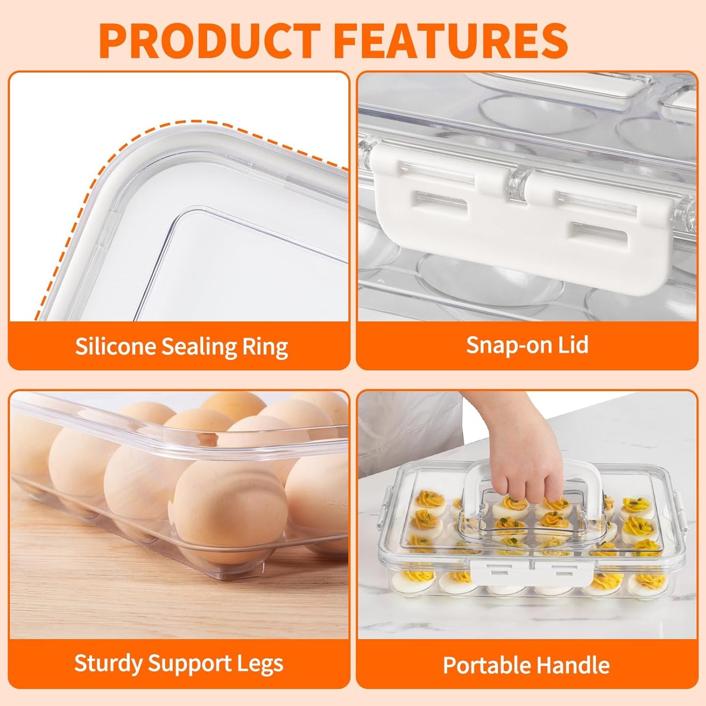 MesRosa 2 Pack Deviled Egg Containers with Lid and Handle, Durable Clear Plastic Deviled Egg Carrier Storage 48 Eggs, Stackable Egg Holder for Fridge, Portable Tray Platter for Party & Picnics-White