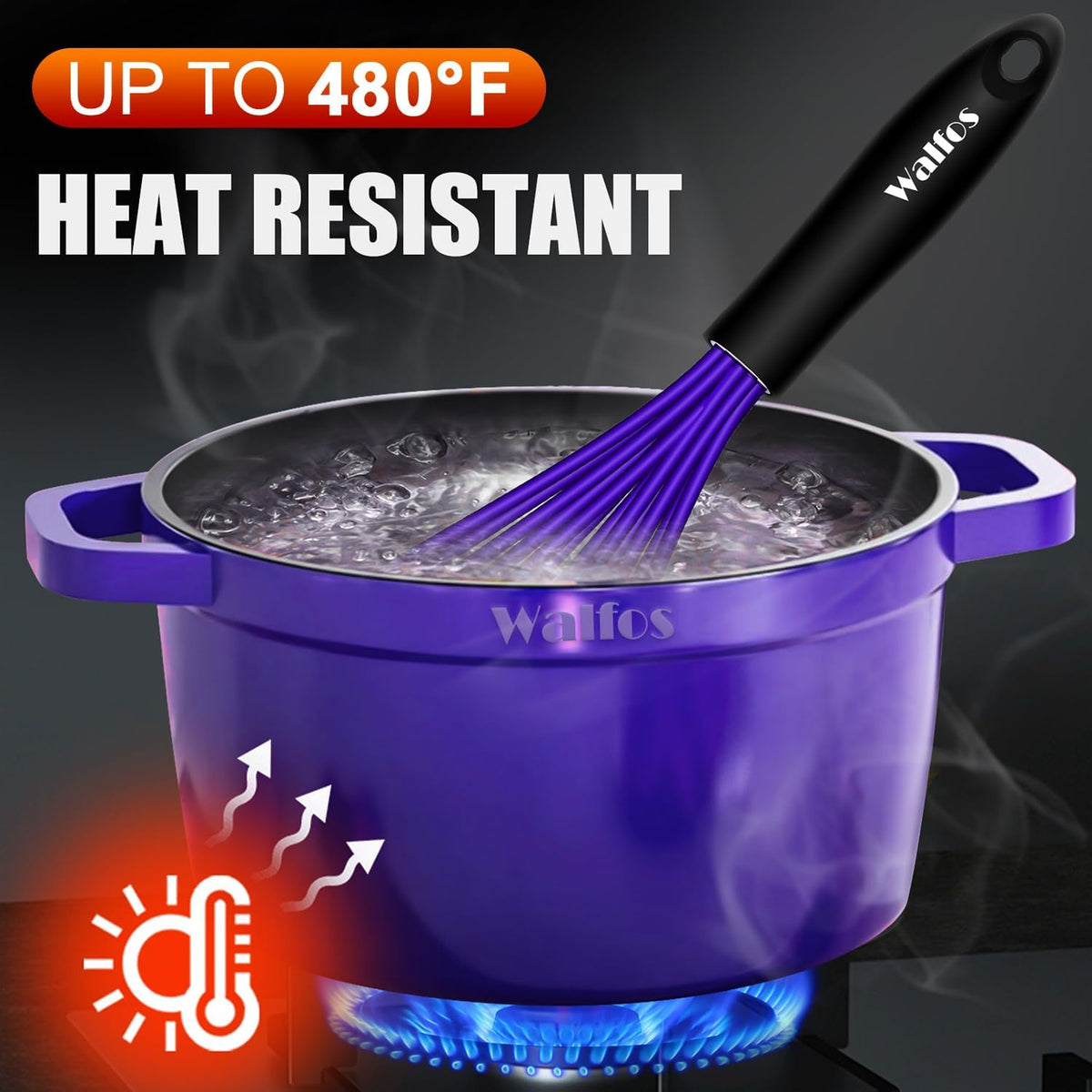 Walfos Silicone Whisk,Stainless Steel Wire Whisk -Heat Resistant 480°F Kitchen Whisks for Non-stick Cookware,Balloon Egg Beater Perfect for Blending,Whisking,Beating,Frothing & Stirring,Black
