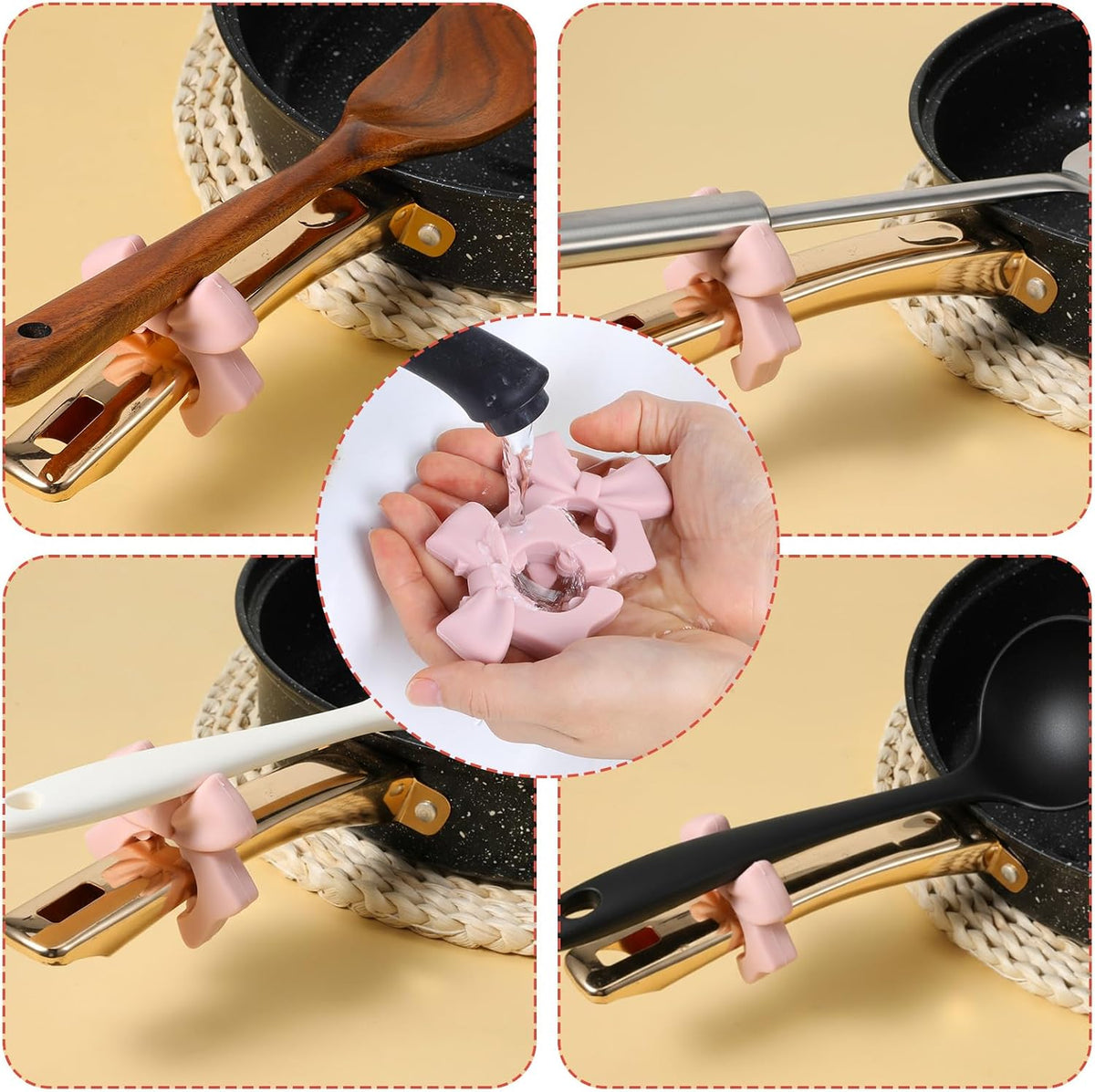 Mabor 3Pcs Spoon Holder for Pot, Bowknot Silicone Spoon Pot Pan Holder