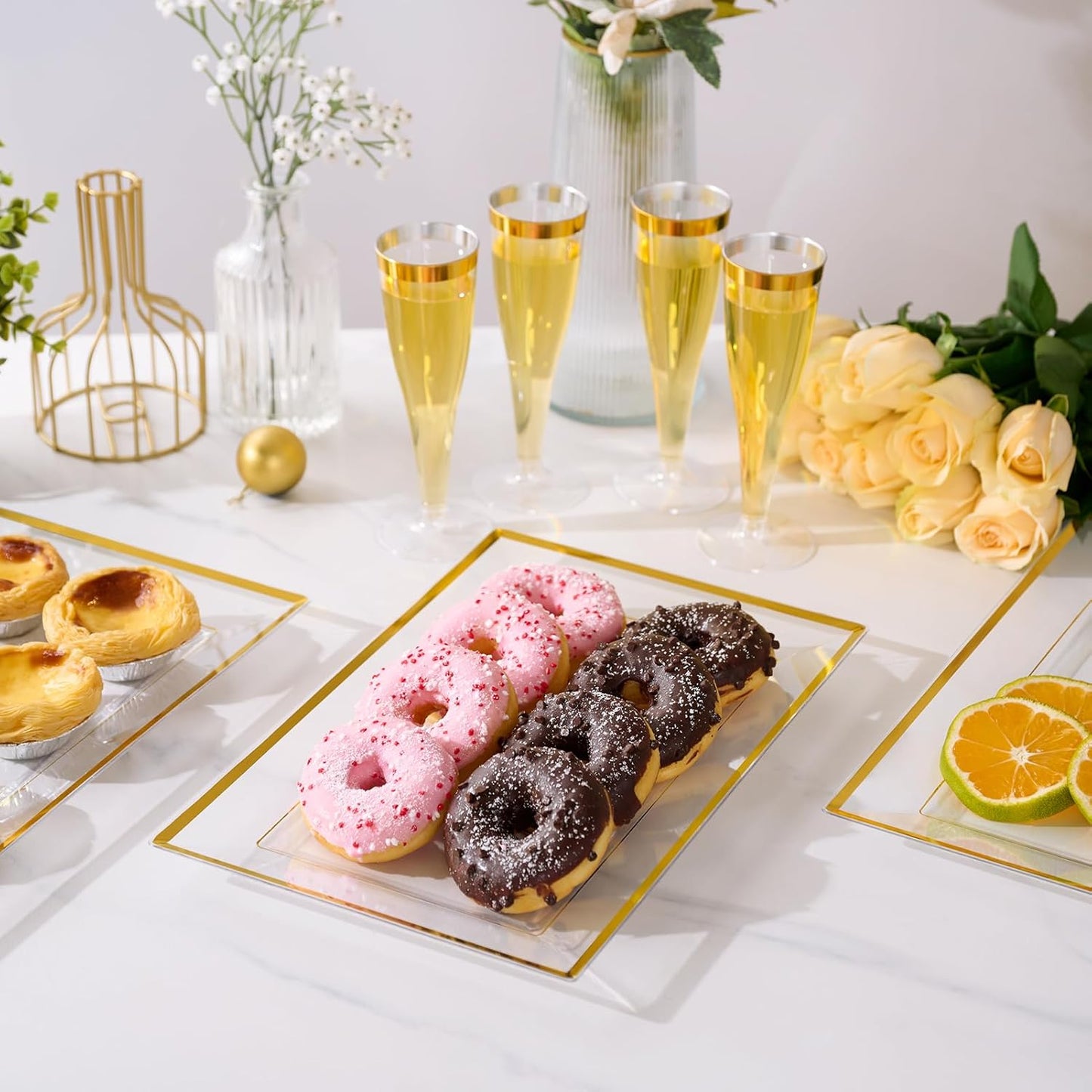 FOCUSLINE 8 PCS Plastic Serving Trays, White and Gold Rim Plastic Serving Platters, Disposable Tray for Food, Perfect for Wedding Parties