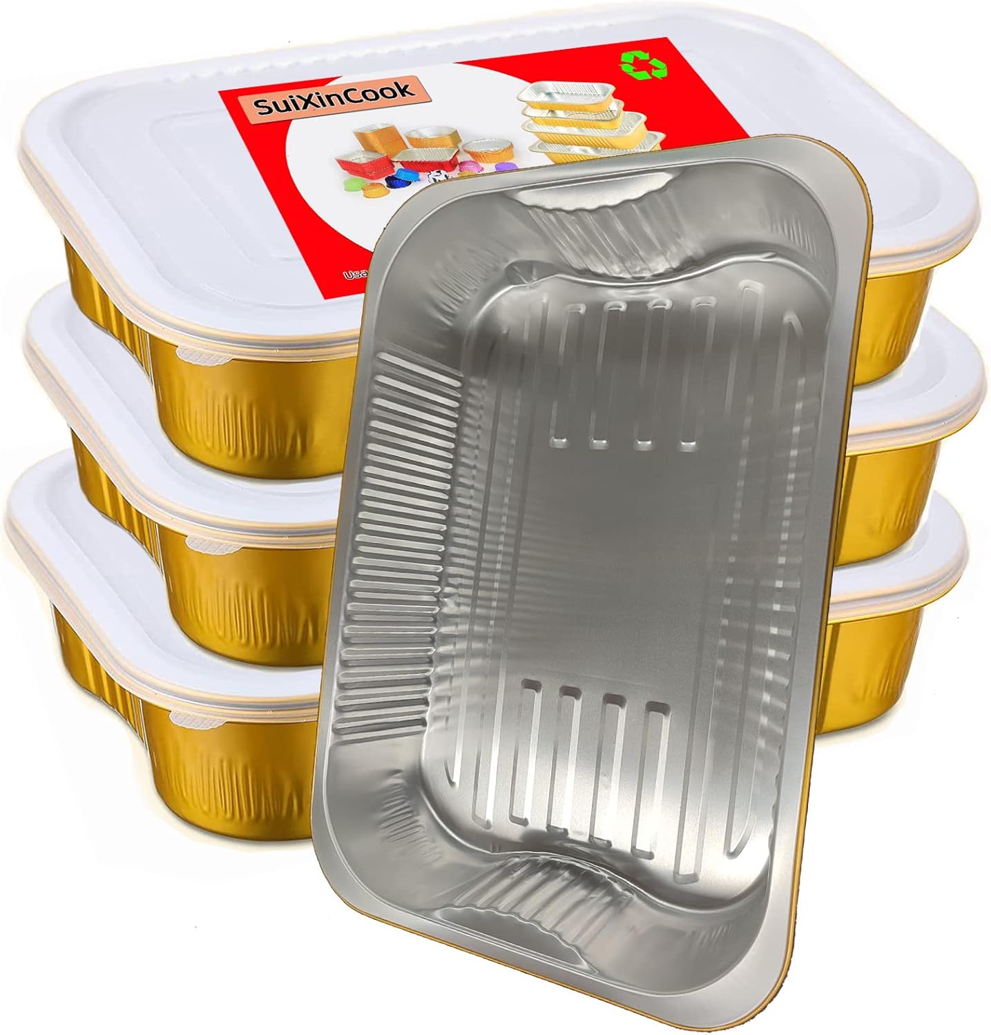 Aluminum Foil Pans with lids 10pack Heavy Duty 2LB Small foil pan 8.5"×6" Disposable, For Microwave & Oven Safe Cooking,Baking,A takeaway food container,Gold