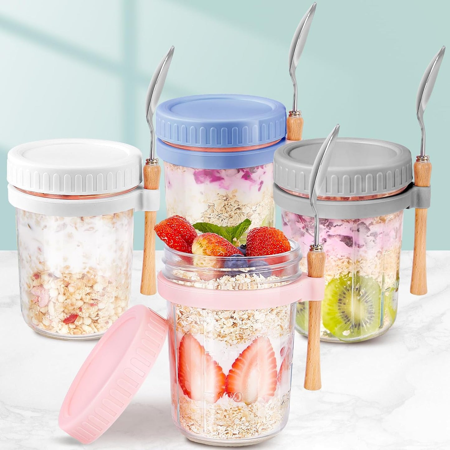 HomArtist 16oz Overnight Oats Containers with Lids and Spoons, 4 Pack Wide Mouth Mason Jars with Airtight Lids, Overnight Oats Jars for Salad, Chia Seed, Cereal, Yogurt