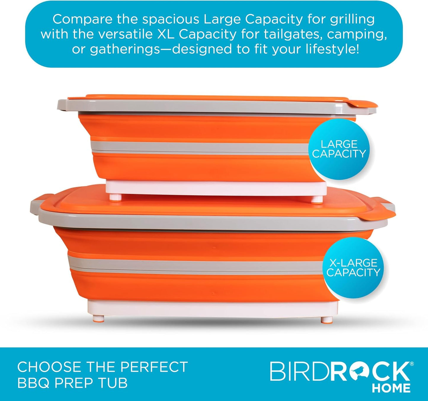 BIRDROCK HOME Collapsible Large BBQ Prep Tub w/Cutting Board, Multi-Function Grill Caddy w/Colander & Lid, Portable Silicone Dish Bowl for Picnic, Tailgate, Camping - Black