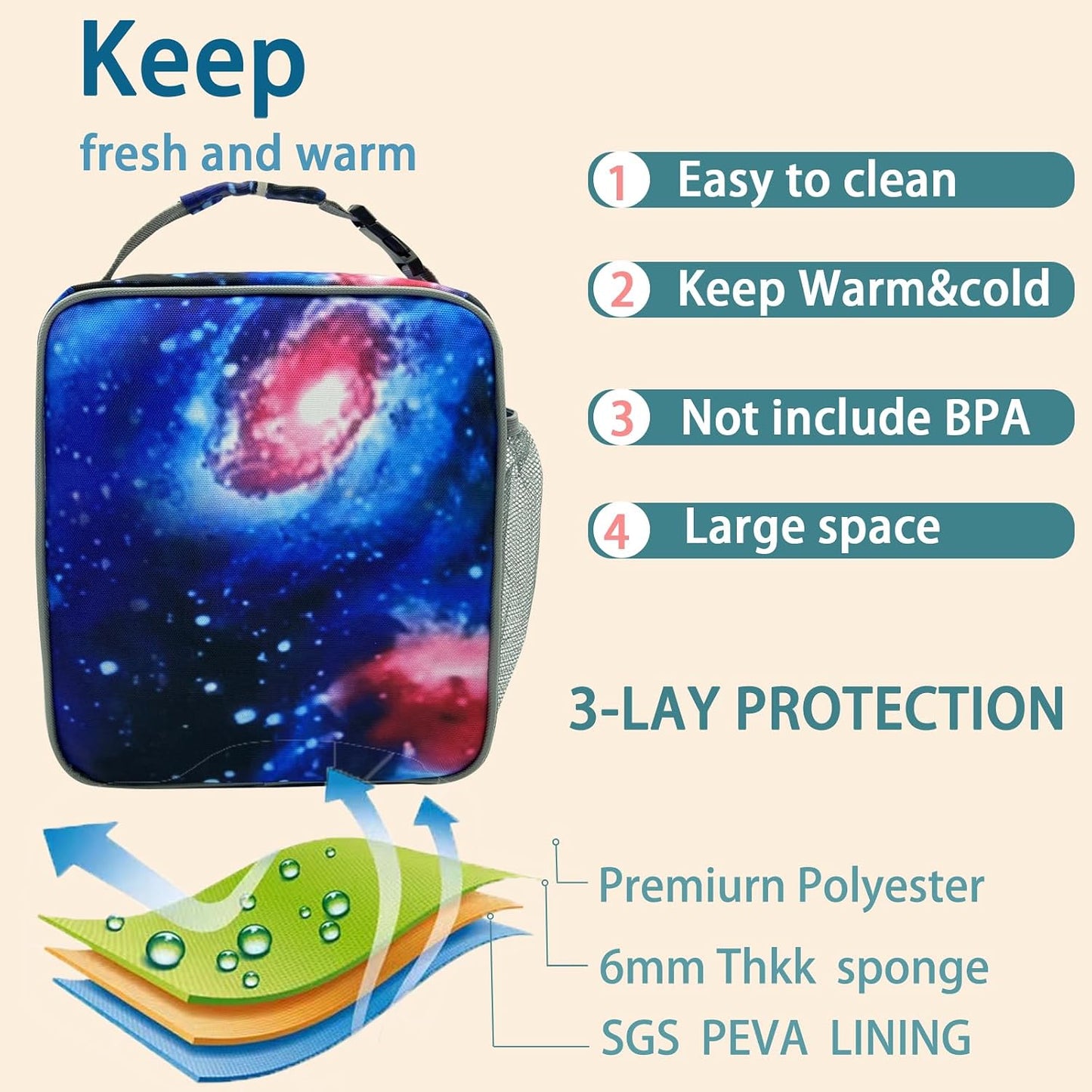 Kulle Astronaut Lunch Box for Boys, Insulated Kids Lunch Bag with Freezable Compartment, Thermal Reusable Lunchbox for School, Outdoor, Daycare - Space Theme Design
