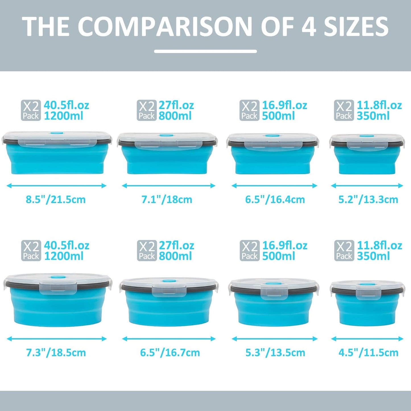 Collapsible Silicone Food Storage Containers Set with Lid & Air Vent,Foldable Lunch Containers(4PCS,Blue,27oz)