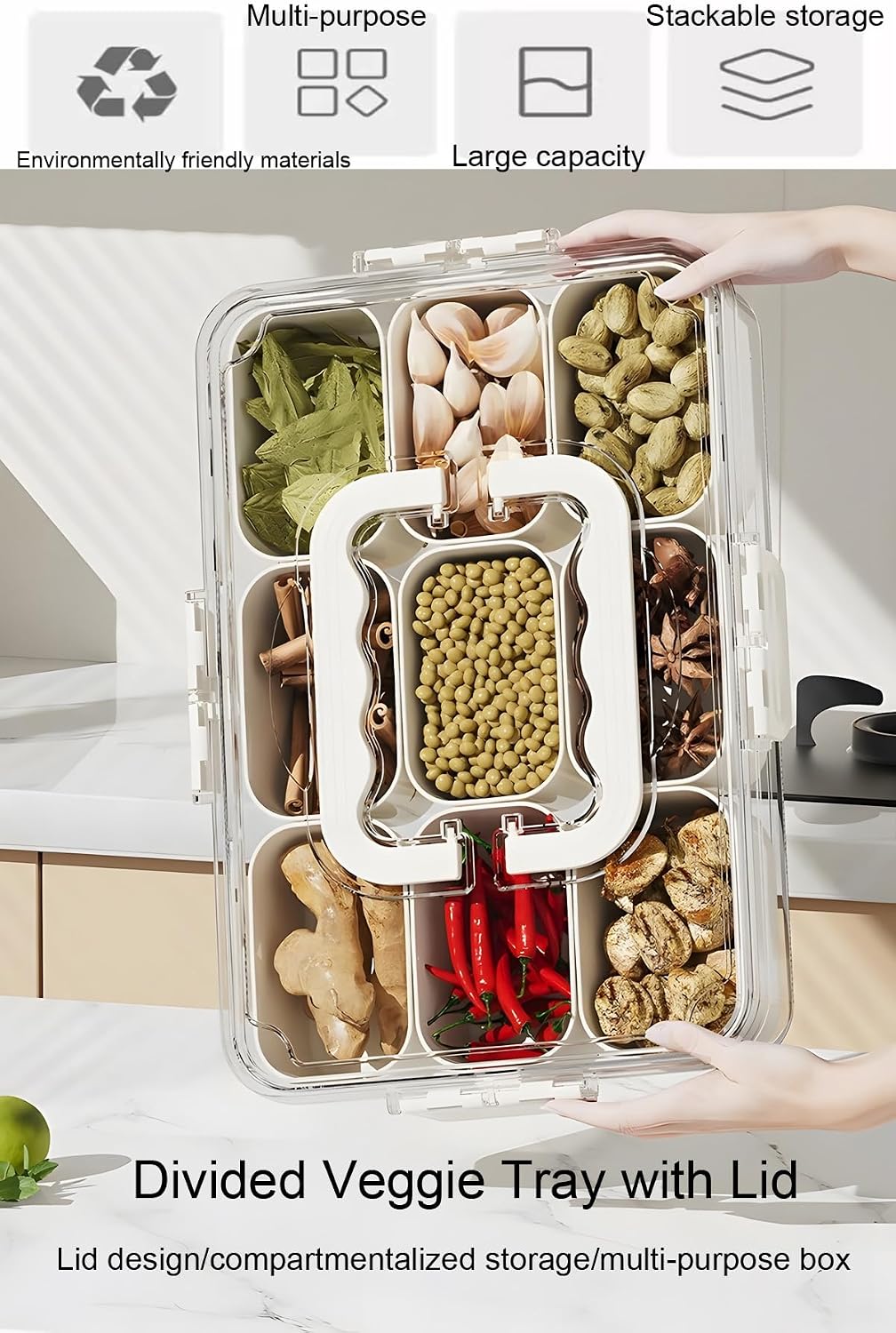 Divided Serving Tray with Lid and Handle - 9 Compartment Snack Box Container Portable Storage Organizer Container for Fruit, Candy, Veggie, Nuts, Spices& Snacks, Perfect for Party, Travel& Picnic